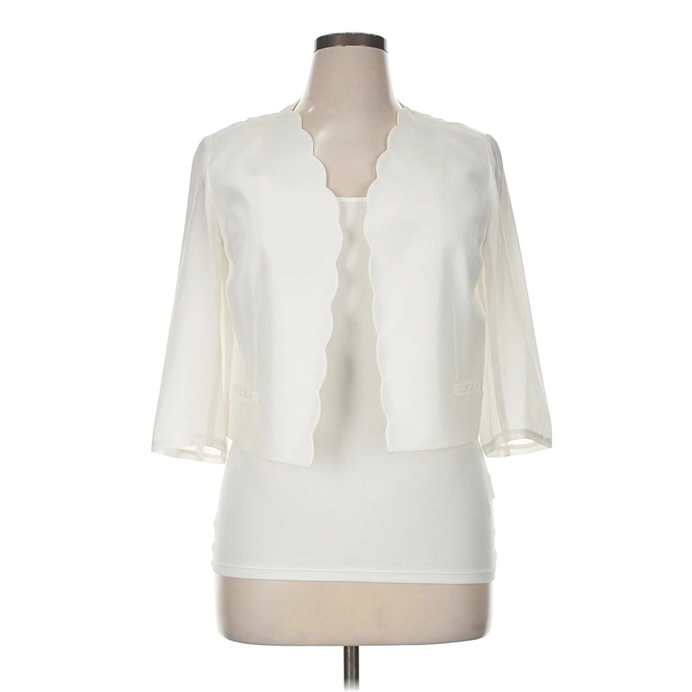 J. Peterman Women's 100% Silk Ivory Scalloped 3/4 Sleeve Satin Cropped Blazer 16